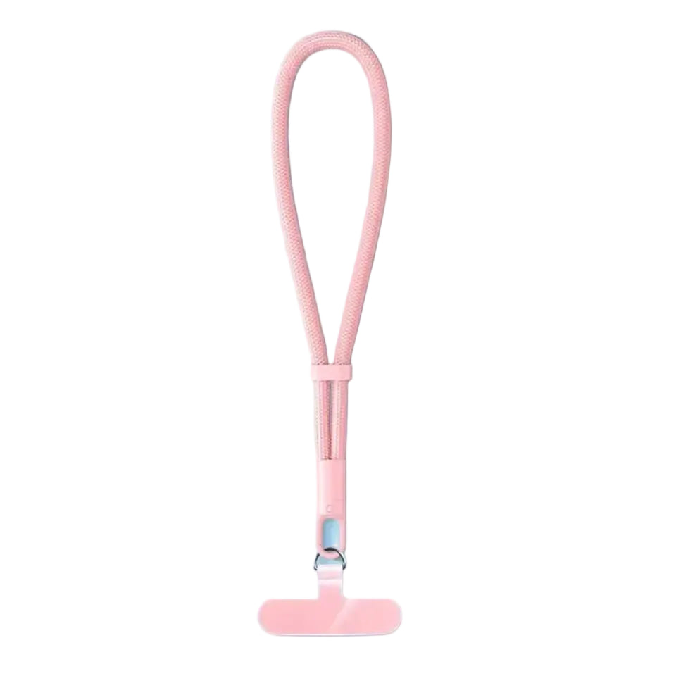 Pink wrist phone strap with universal tether on a white background.