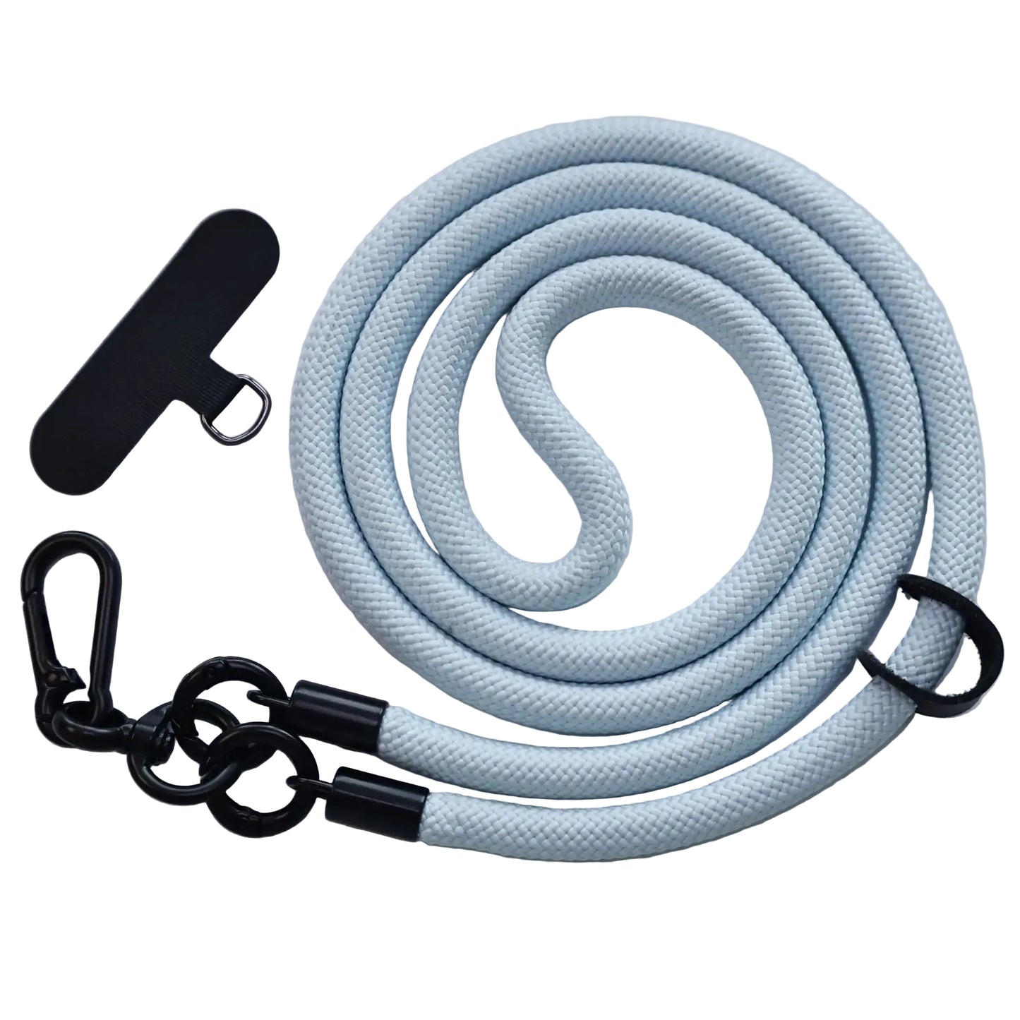 Light blue braided cross body phone strap coiled up, next to a universal phone tether, on a white background