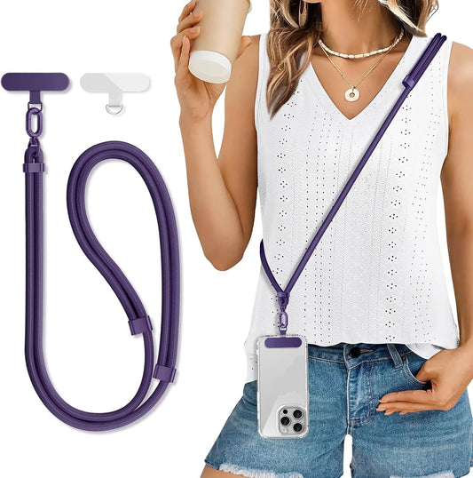 Purple lanyard with a phone case worn by a person, with additional lanyards displayed.