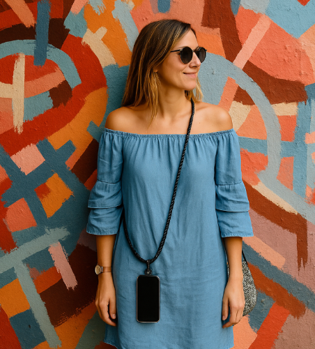 Women in blue summery dress wearing a phone on an orange lanyard across her body. The phone is connected to the lanyard or strap by a universal connector. 
