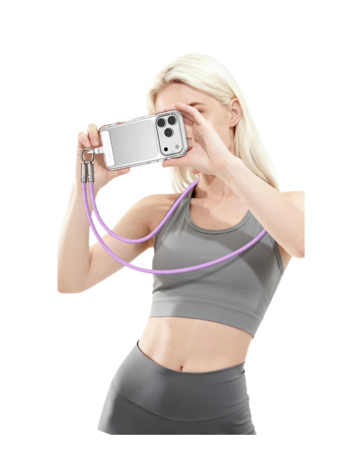 Woman holding a phone with a purple lanyard on a white background