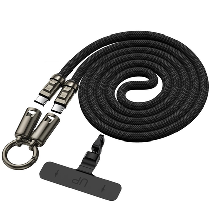 Black cross body phone strap with universal tether that also doubles as a phone charging cable for USB C connections
