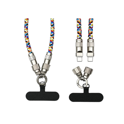 Two colorful phone lanyards that are also charging cables with universal phone tethers on a white background