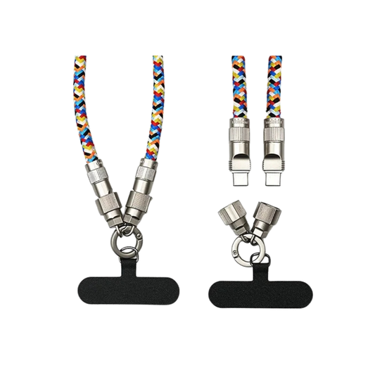 Two colorful phone lanyards that are also charging cables with universal phone tethers on a white background