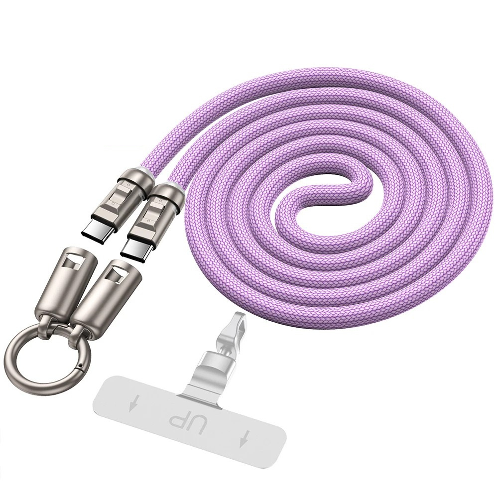 Purple cross body phone strap with universal tether that also doubles as a phone charging cable for USB C connections