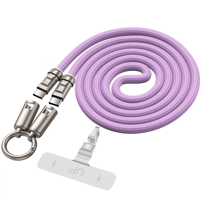 Purple cross body phone strap with universal tether that also doubles as a phone charging cable for USB C connections