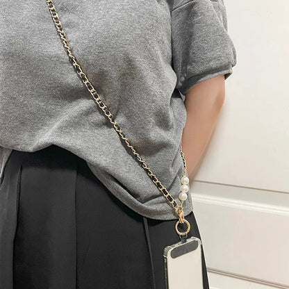 Elegant leather-look cross body phone strap with metal and pearl detailing