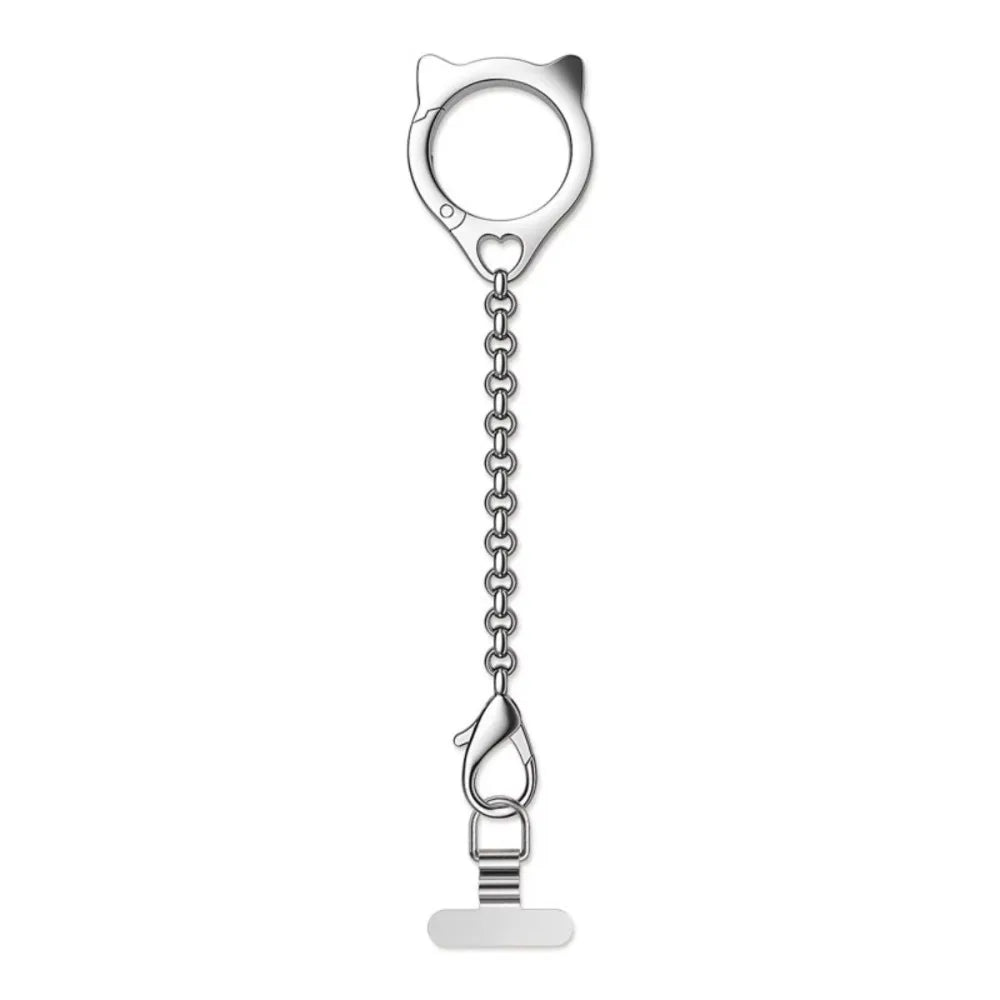 Silver cat-shaped keychain with a chain on a white background
