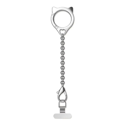 Silver cat-shaped keychain with a chain on a white background