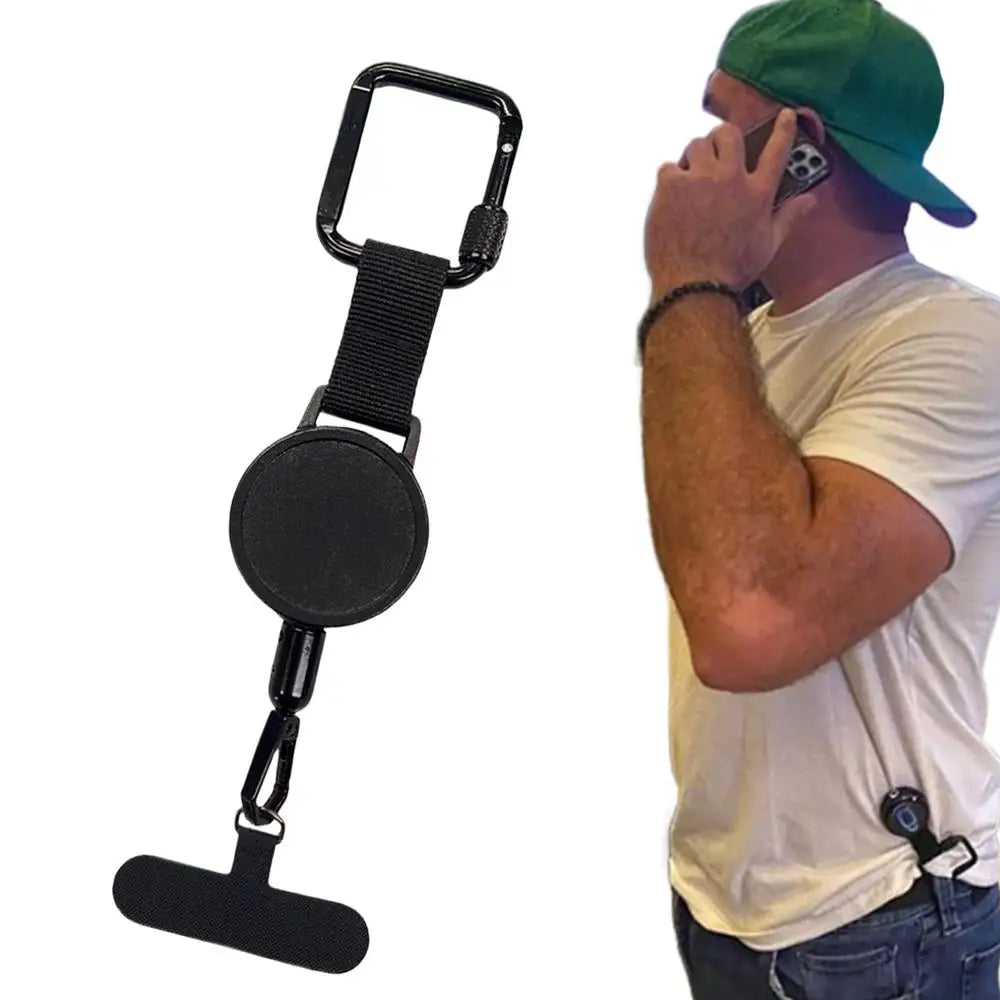 Phone strap with retractable cord, carabiner clip and universal tether