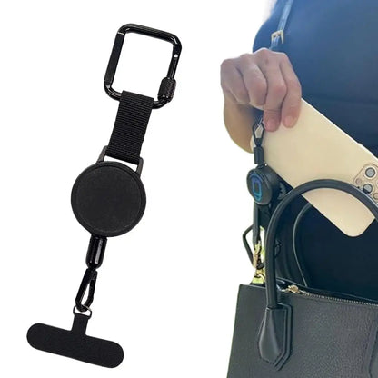Phone strap with retractable cord, carabiner clip and universal tether