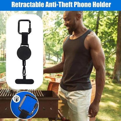 Phone strap with retractable cord, carabiner clip and universal tether