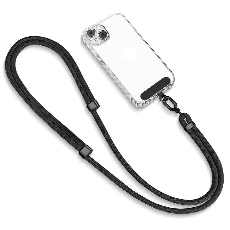 Phone case with a black adjustable phone strap lanyard on a white background