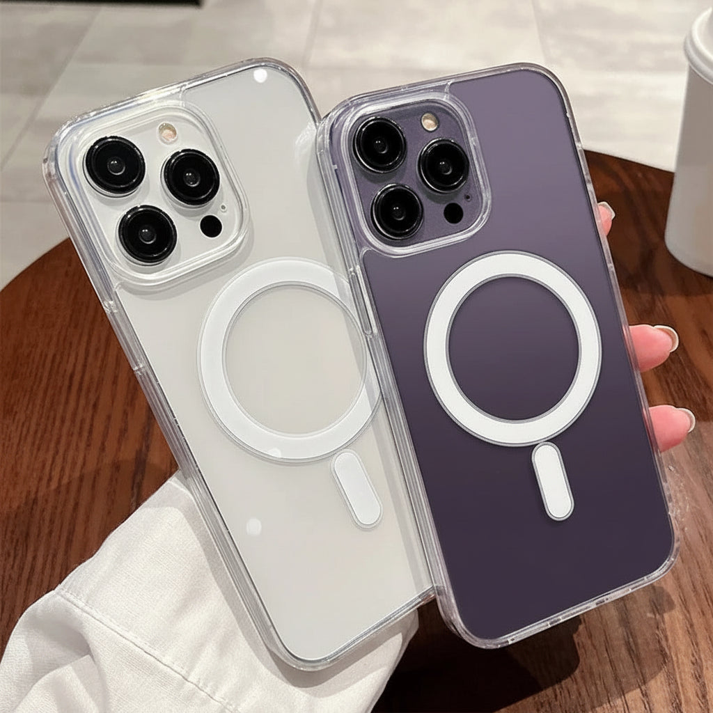 Two clear phone cases containing phones held over a wooden surface