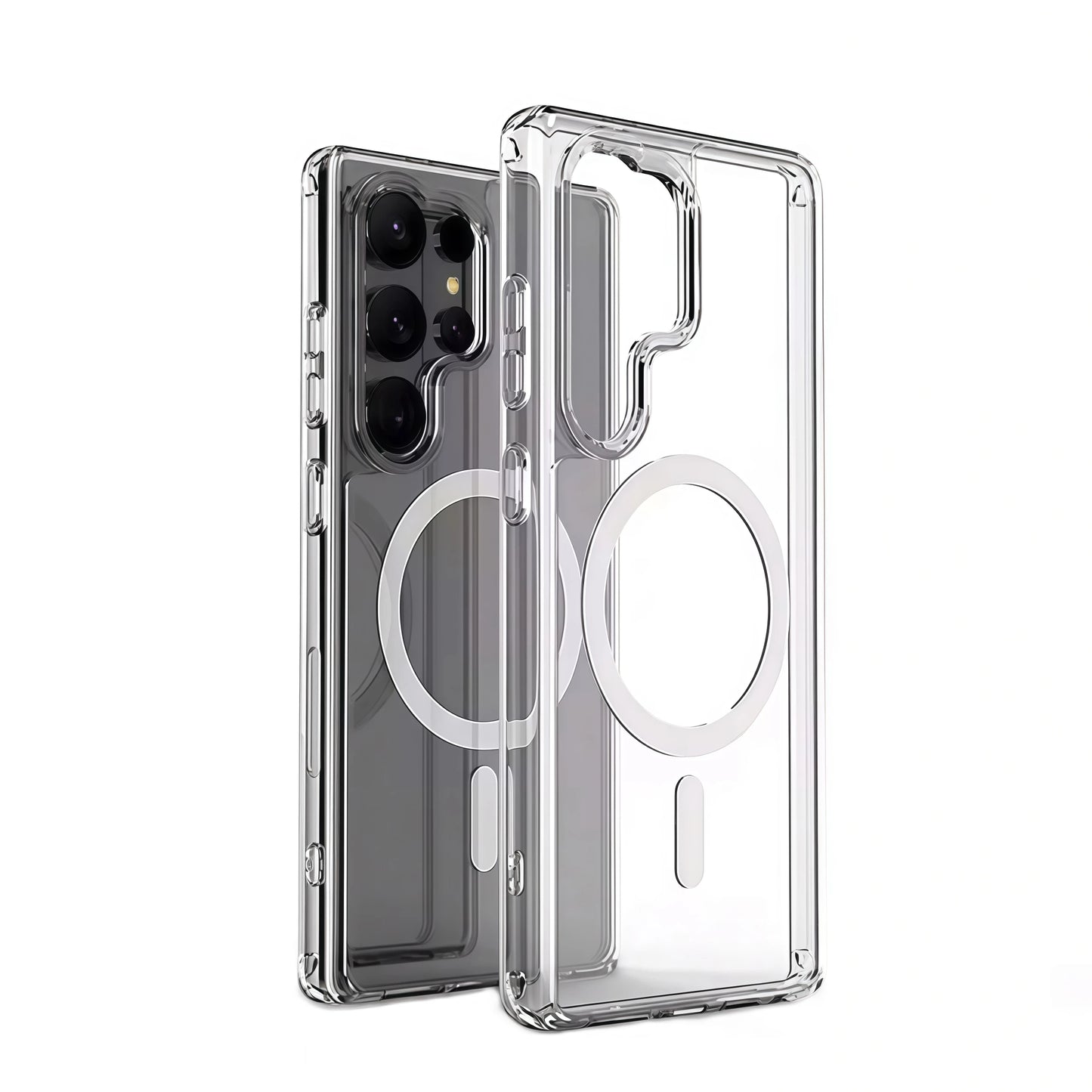Clear phone case with a Magsafe ring on a white background