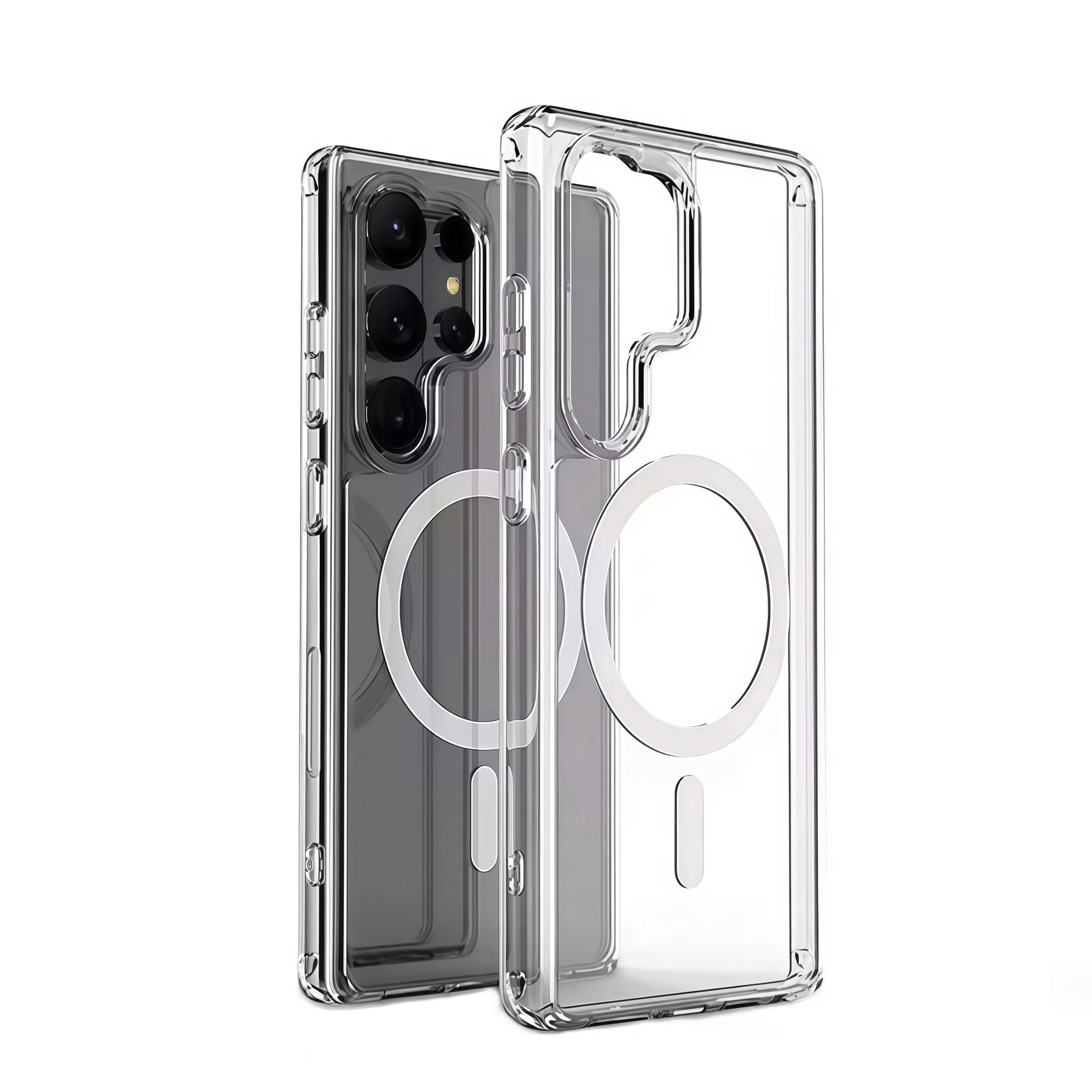 Clear phone case with a Magsafe ring on a white background