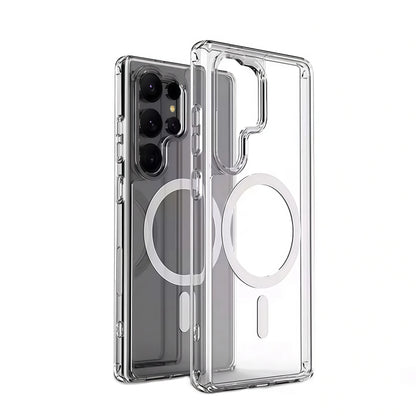 Clear phone case with a Magsafe ring on a white background