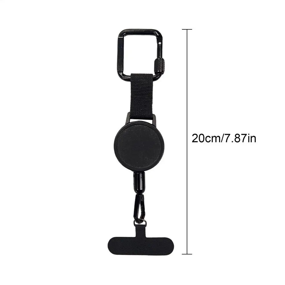 Phone strap with retractable cord, carabiner clip and universal tether