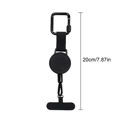 Phone strap with retractable cord, carabiner clip and universal tether