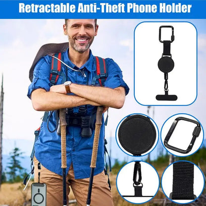 Phone strap with retractable cord, carabiner clip and universal tether