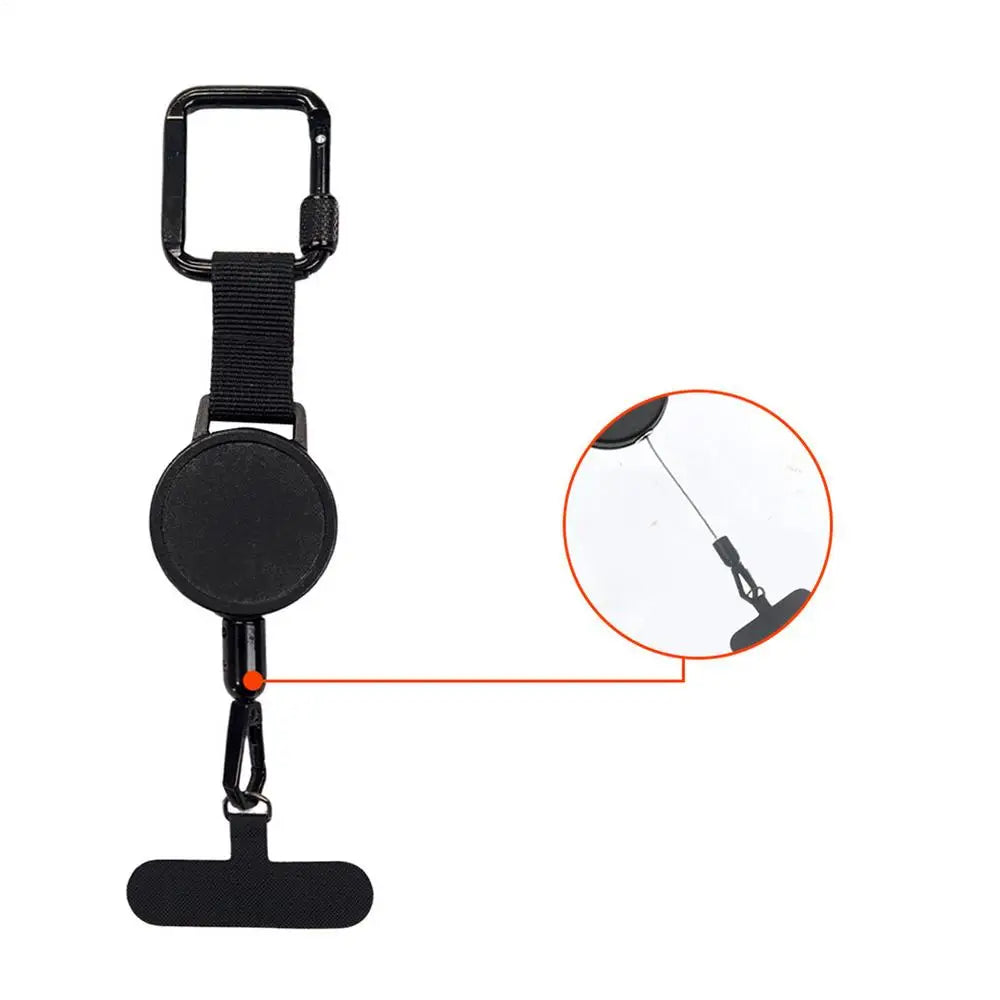 Phone strap with retractable cord, carabiner clip and universal tether