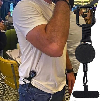 Phone strap with retractable cord, carabiner clip and universal tether