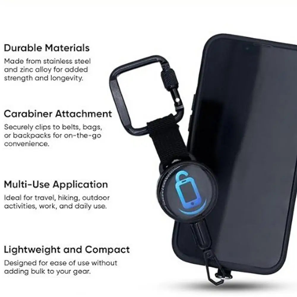 Phone strap with retractable cord, carabiner clip and universal tether