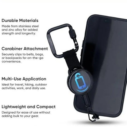 Phone strap with retractable cord, carabiner clip and universal tether