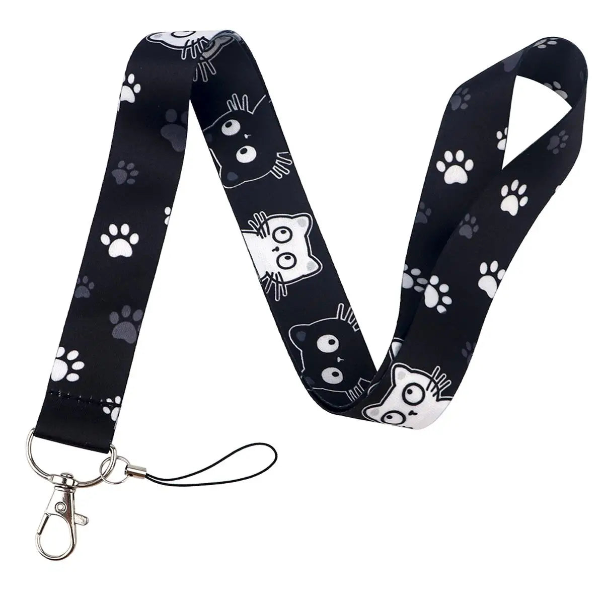 Black lanyard with white cat illustrations and paw prints on a white background