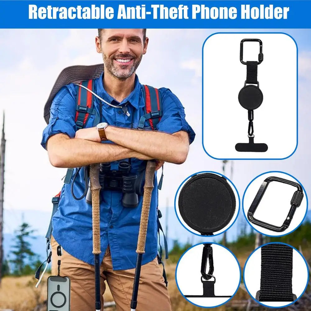 Phone strap with retractable cord, carabiner clip and universal tether