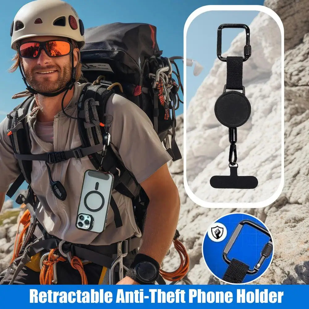 Phone strap with retractable cord, carabiner clip and universal tether