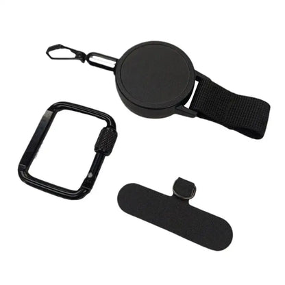 Phone strap with retractable cord, carabiner clip and universal tether