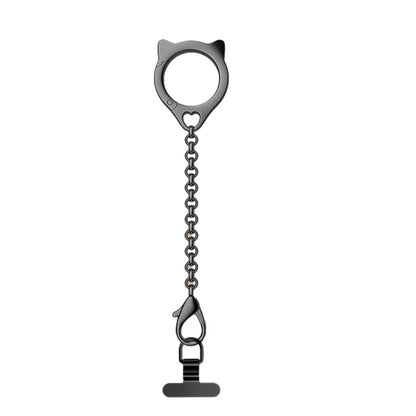 Black Metal keychain with cat-shaped top and chain on a white background