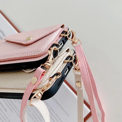 Close up images of pink and beige phone cases with straps showing the charging ports of the phones