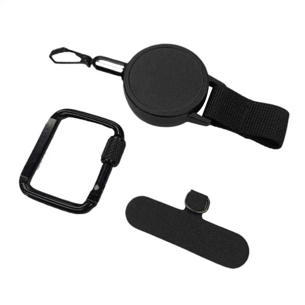 Phone strap with retractable cord, carabiner clip and universal tether
