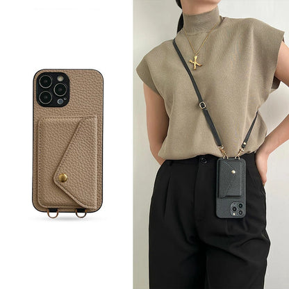 Person wearing a black phone crossbody case with strap against a plain background. An additional image shows a close up of the phone case with a dome fastened card wallet stitched to the back. 