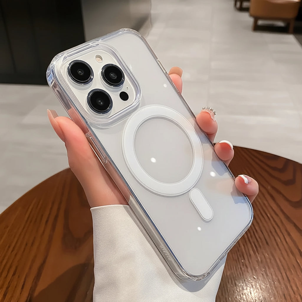 Clear phone case containing an phone held by a hand on a wooden surface