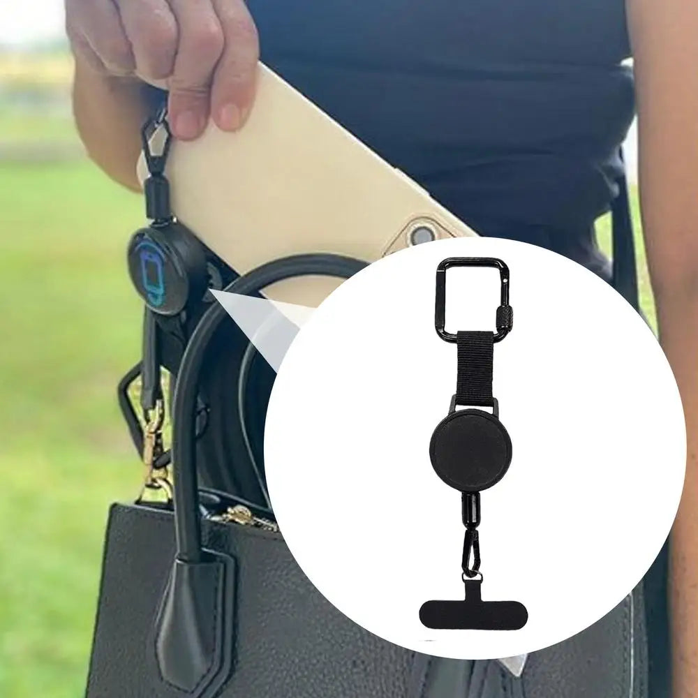 Phone strap with retractable cord, carabiner clip and universal tether