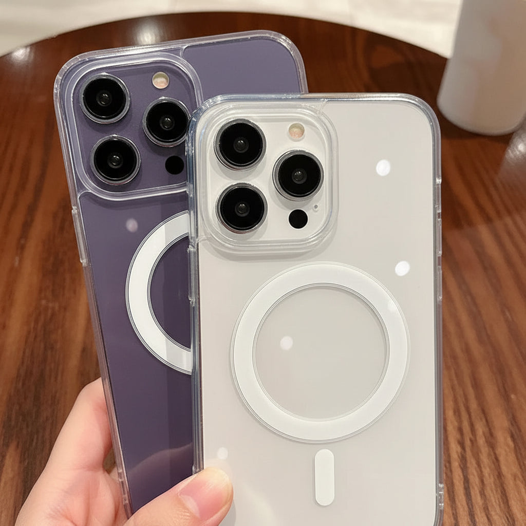 Clear phone case with phone in the case held over a wooden surface