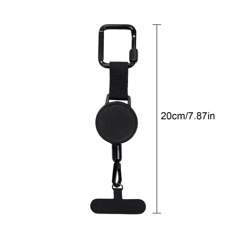 Phone strap with retractable cord, carabiner clip and universal tether