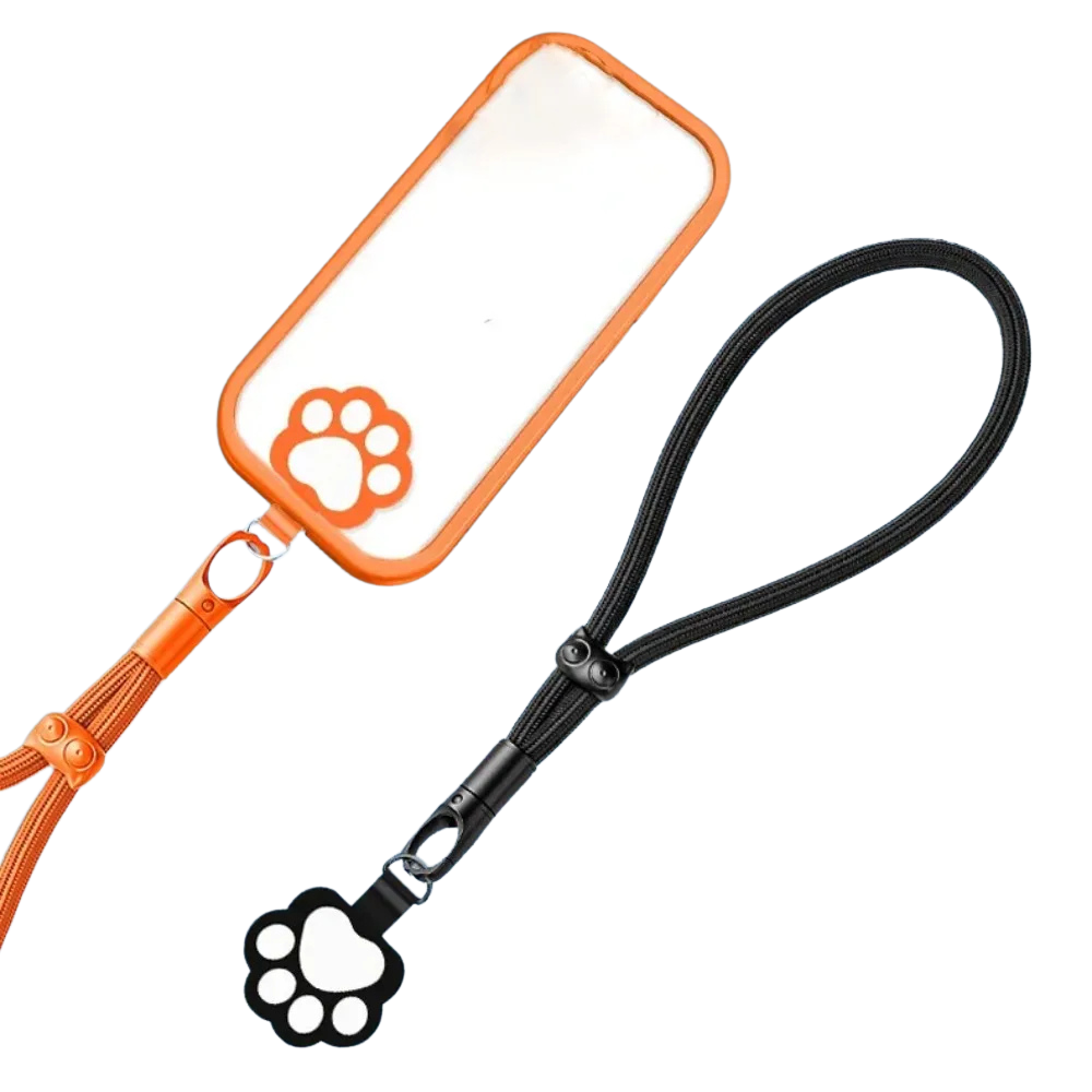 Orange and black phone straps with paw design universal phone tethers on a white background