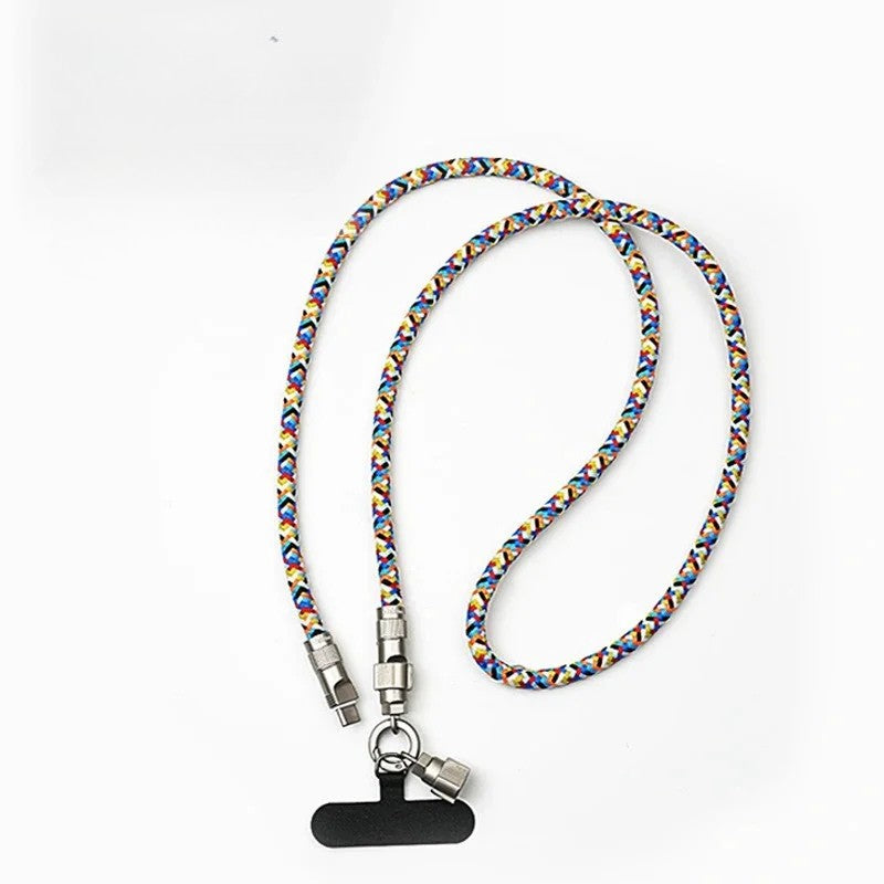 Colorful braided phone lanyard that is also a charging cable with universal phone tether white background