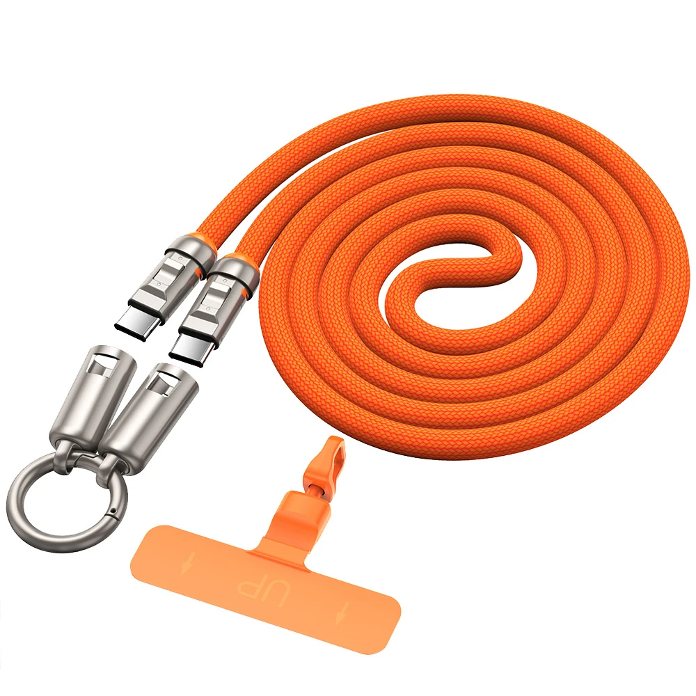 Orange cross body phone strap with universal tether that also doubles as a phone charging cable for USB C connections